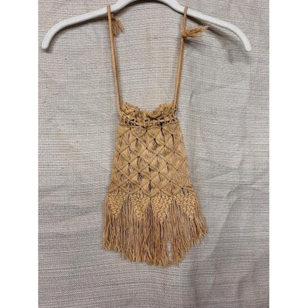 Vintage 1940s Macramé Drawstring Bag Handmade Jute Fringe Purse Boho Crossback